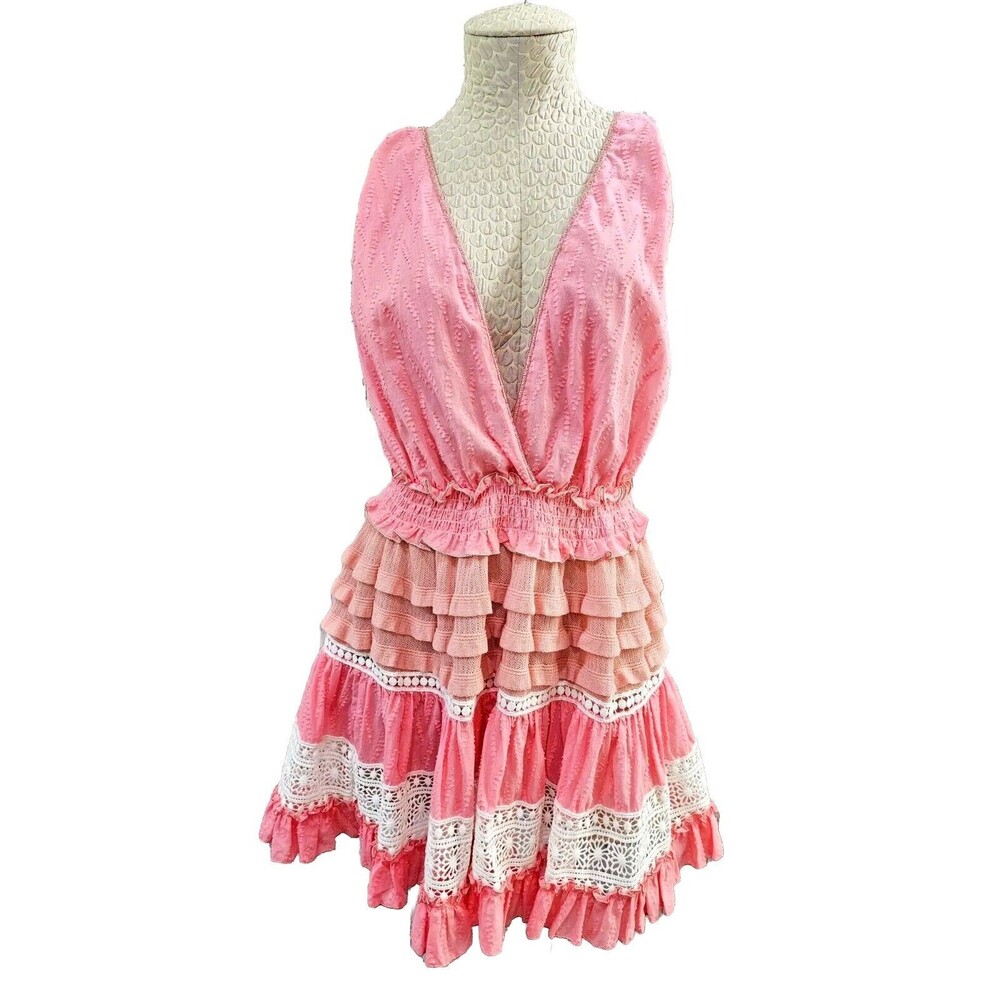 Chio‎ Knit Ruffle Crochet Deep‑V Girly Babydoll Mini Dress Lacy Womens Large NEW